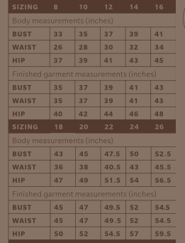 Size chart for the dress sewing pattern, Autumn in New York.