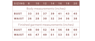 Size chart for Spring in London sewing pattern, a vintage inspired slouchy t-shirt.
