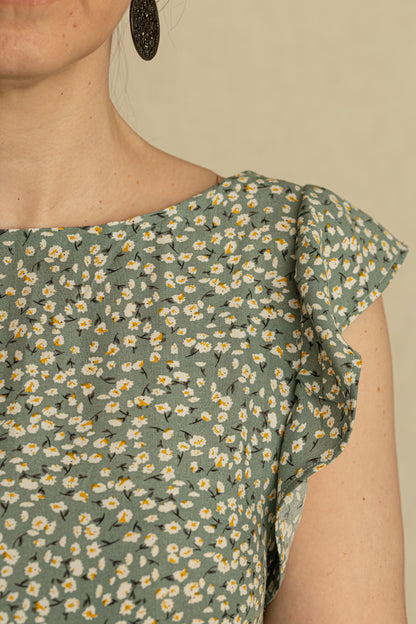 Close up of the ruffle sleeve on a 1920's vintage inspired dress.