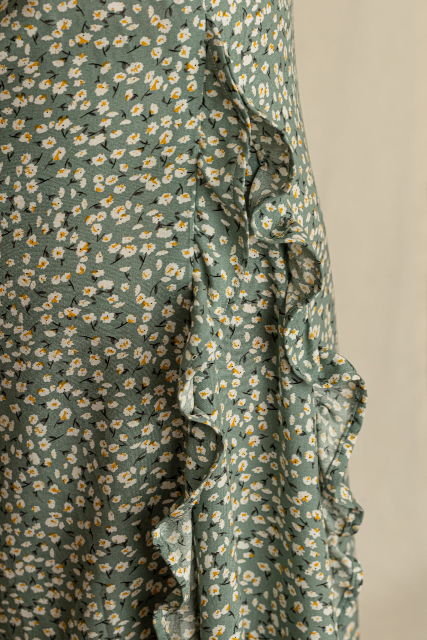 Close up of godet with ruffles featuring in a 1920's vintage inspired dress.
