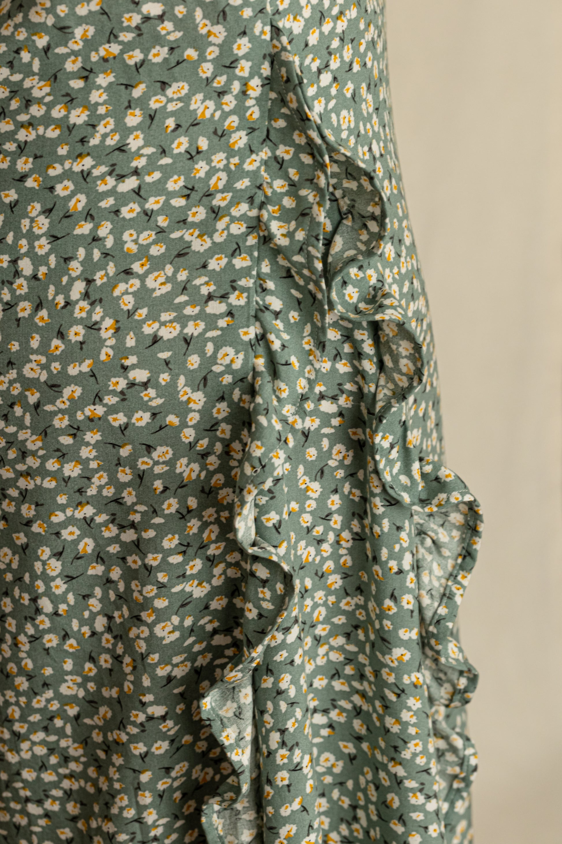 Close up of godet with ruffles featuring in a 1920's vintage inspired dress.