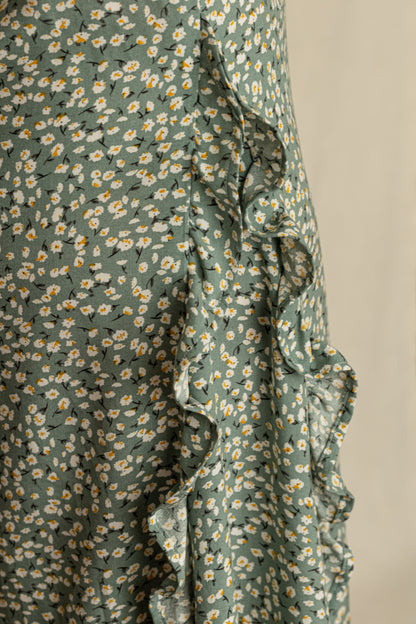 Close up of godet with ruffles featuring in a 1920's vintage inspired dress.