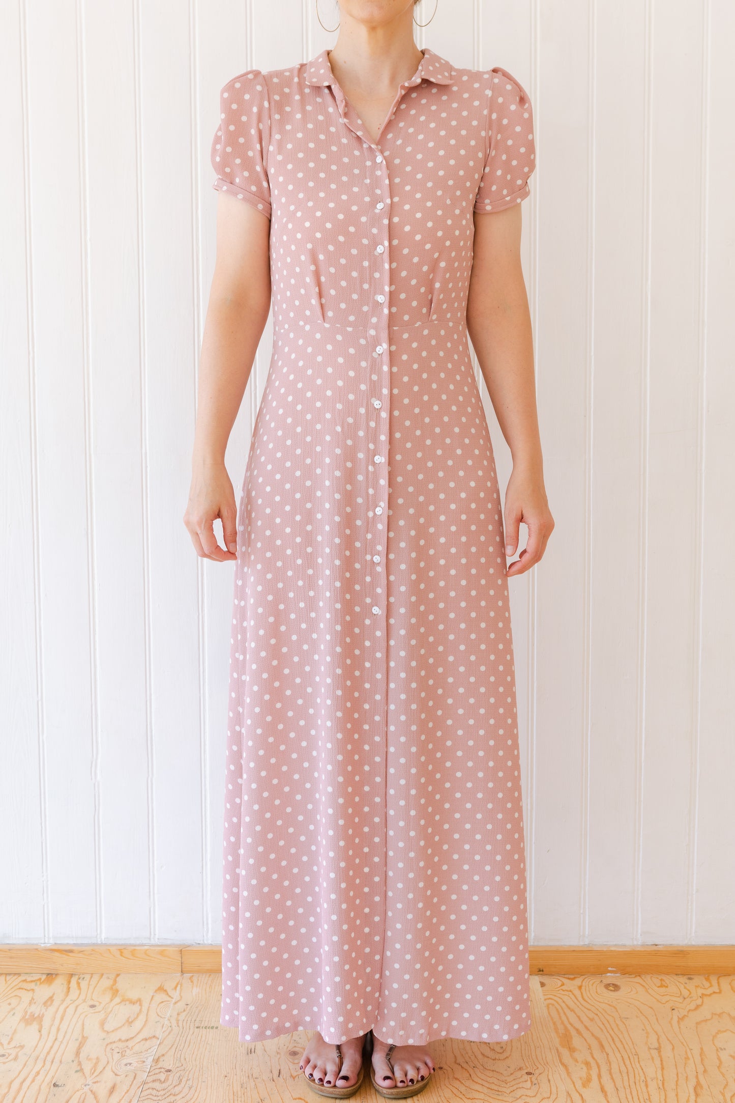 Pink and white polka dot vintage inspired maxi dress.