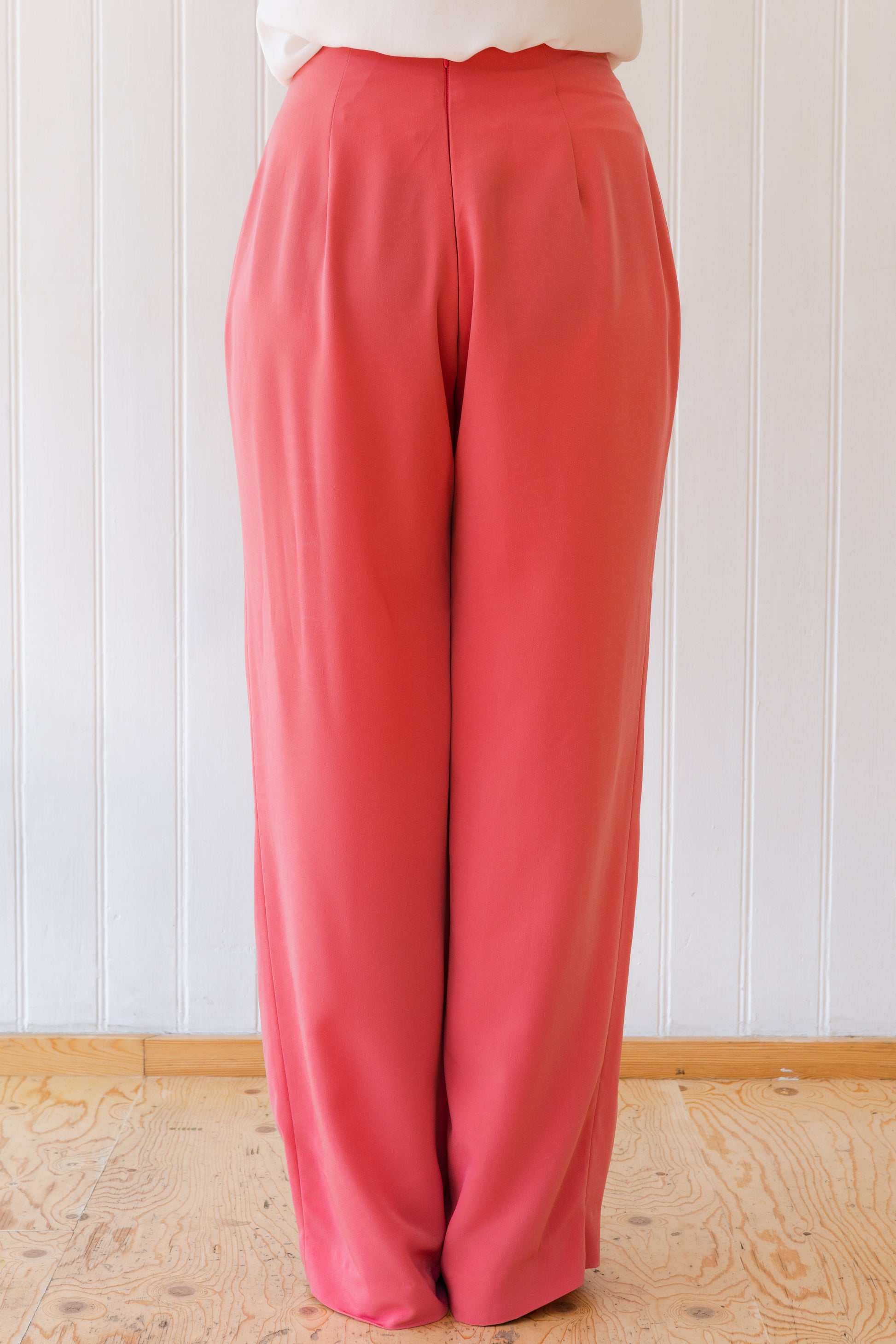 Back view of wide leg vintage inspired trousers with a concealed zip in the centre back.