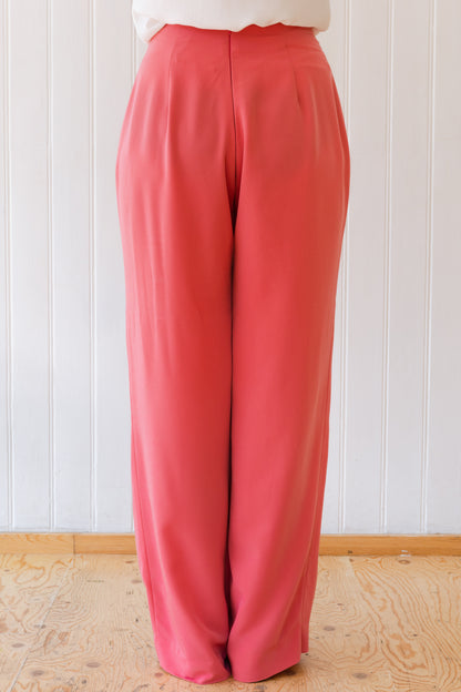 Back view of wide leg vintage inspired trousers with a concealed zip in the centre back.