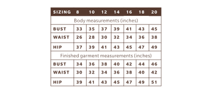 Size chart for vintage inspired maxi dress sewing pattern.