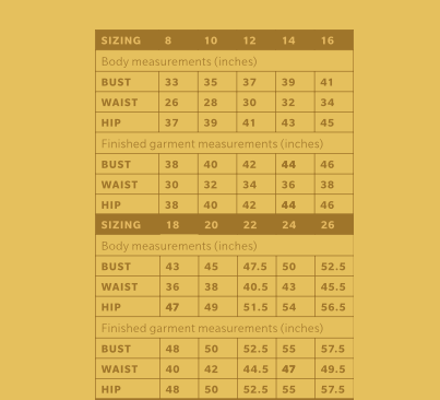 Size chart for Summer in New York dress sewing pattern.