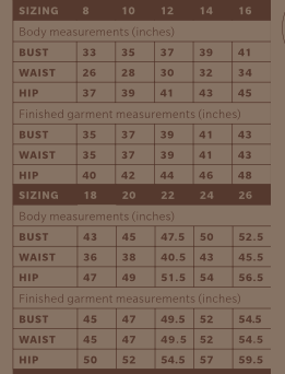 Size chart for the dress sewing pattern, Autumn in New York.