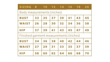 Size chart for vintage inspired summer dress sewing pattern.