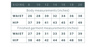 Size chart for vintage inspired, wide leg trouser sewing pattern.