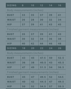 Size chart for Winter in New York sewing pattern.