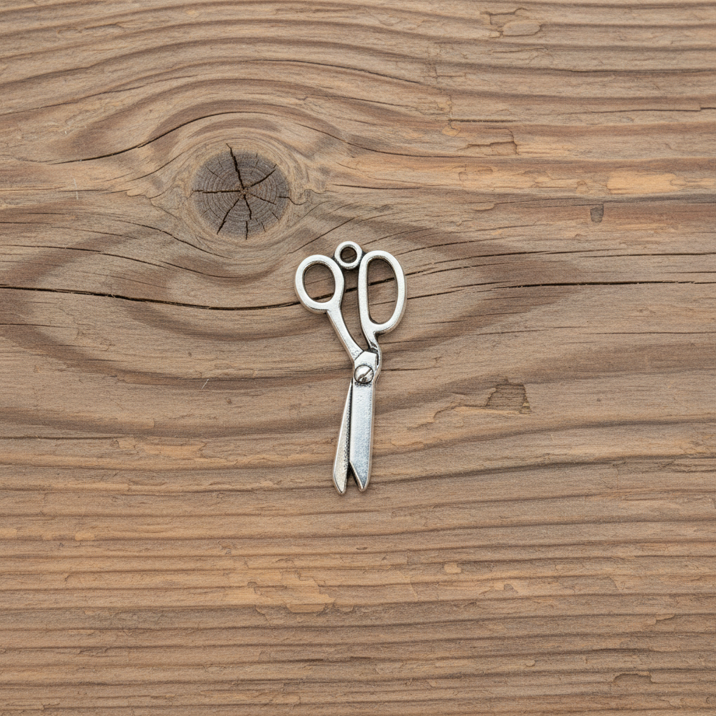 Scissors charm on wood