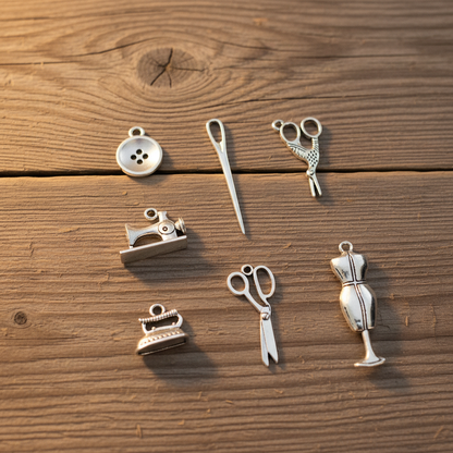 Sewing charms on wood background
