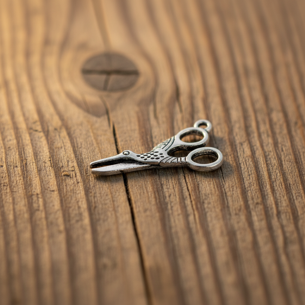 Stork scissors charm on wood